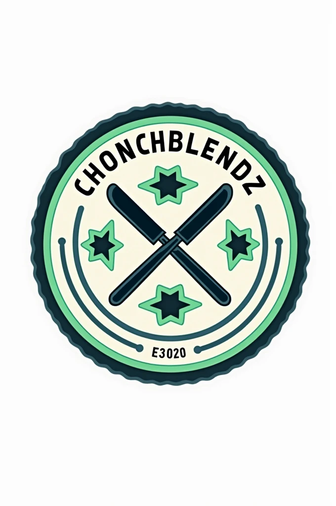 Create a flat vector, illustrative-style emblem logo design for a San Diego barber 'ChonchBlendz' established in 2020 , featuring a modern straight razors crossed in the center of the company name. Use neon green, blue, grey and black colors to convey trust, premium service and a luxury experience against a white background.