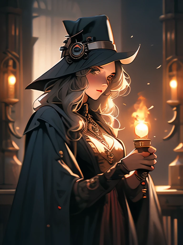 a human in a hat holding a lantern, the plague doctor, steampunk clothes, evil steampunk pyromancer woman, in detailed steampunk dress, steampunk wizard, plague doctor, inspired victorian sci - fi, ( steampunk ), (steampunk), robe. extremely high details, victorian goth, victorian style costume, cgsociety 4k”, steampunk cyberpunk, steampunk!!! and modern