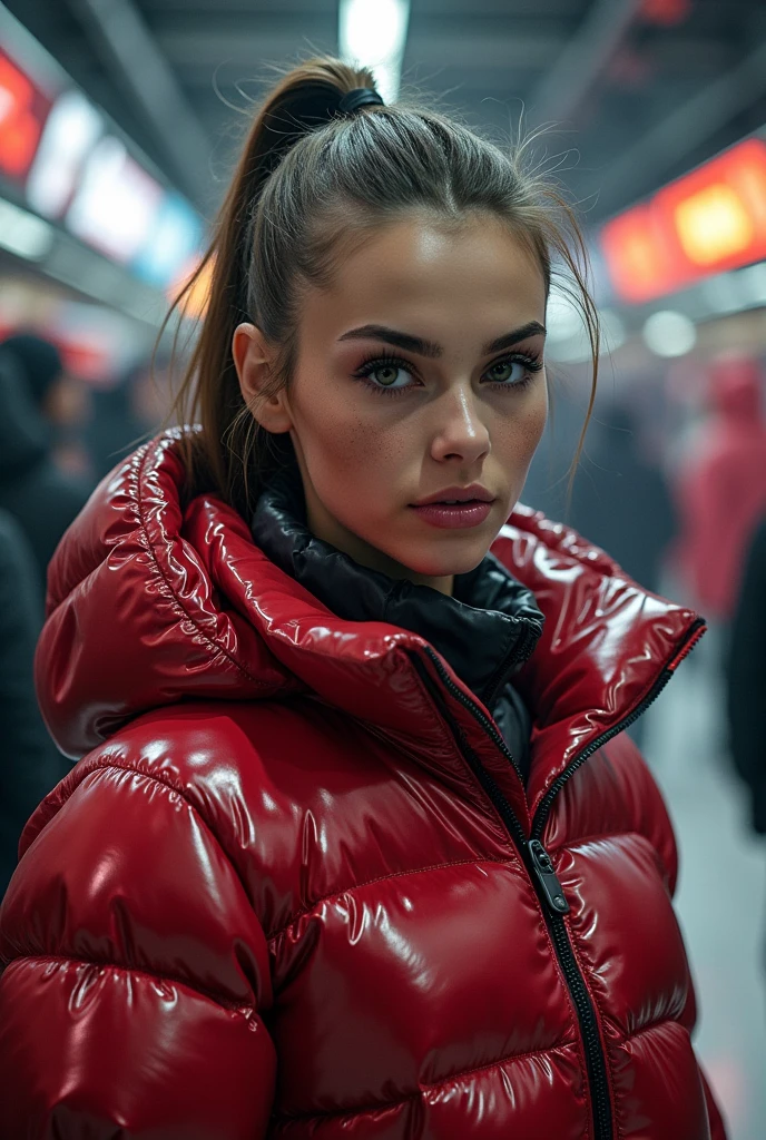  a slim ponytail  girl,beautiful detailed eyes,beautiful freckles,beautiful detailed lips,extremely detailed eyes and face,longeyelashes,in beautiful detailed hooded  formfitting duvetica overfilled shiny hyper gleamy hyper thick glossy unsealed puffer jacket covering her sealed hyper padded skisuit,latex glossy stirrup legging,symmetrical,standing in a pufferstore,masterpiece,cinematic,lifelike,hyperrealistic,8k,photorealistic,highly detailed,intricate,exquisite,elegant,beautiful,stunning