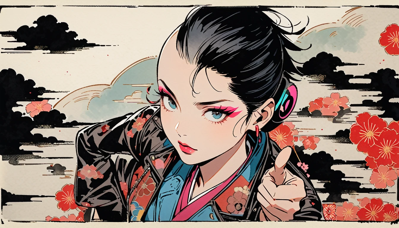 (((Ink Painting))), (((from above))), (((1 female))), (((Leather jacket with Japanese patterns))), (((Mohawk))), (((Very flashy makeup))), (((Finger guns))), Japanese style headphones, face close-up, front view, Japan人の美少女, Black Hair, Delicate and precise, Modern ukiyo-e style,Japan, Droopy eyes, round face, Glare, Fuller lips, vivid color