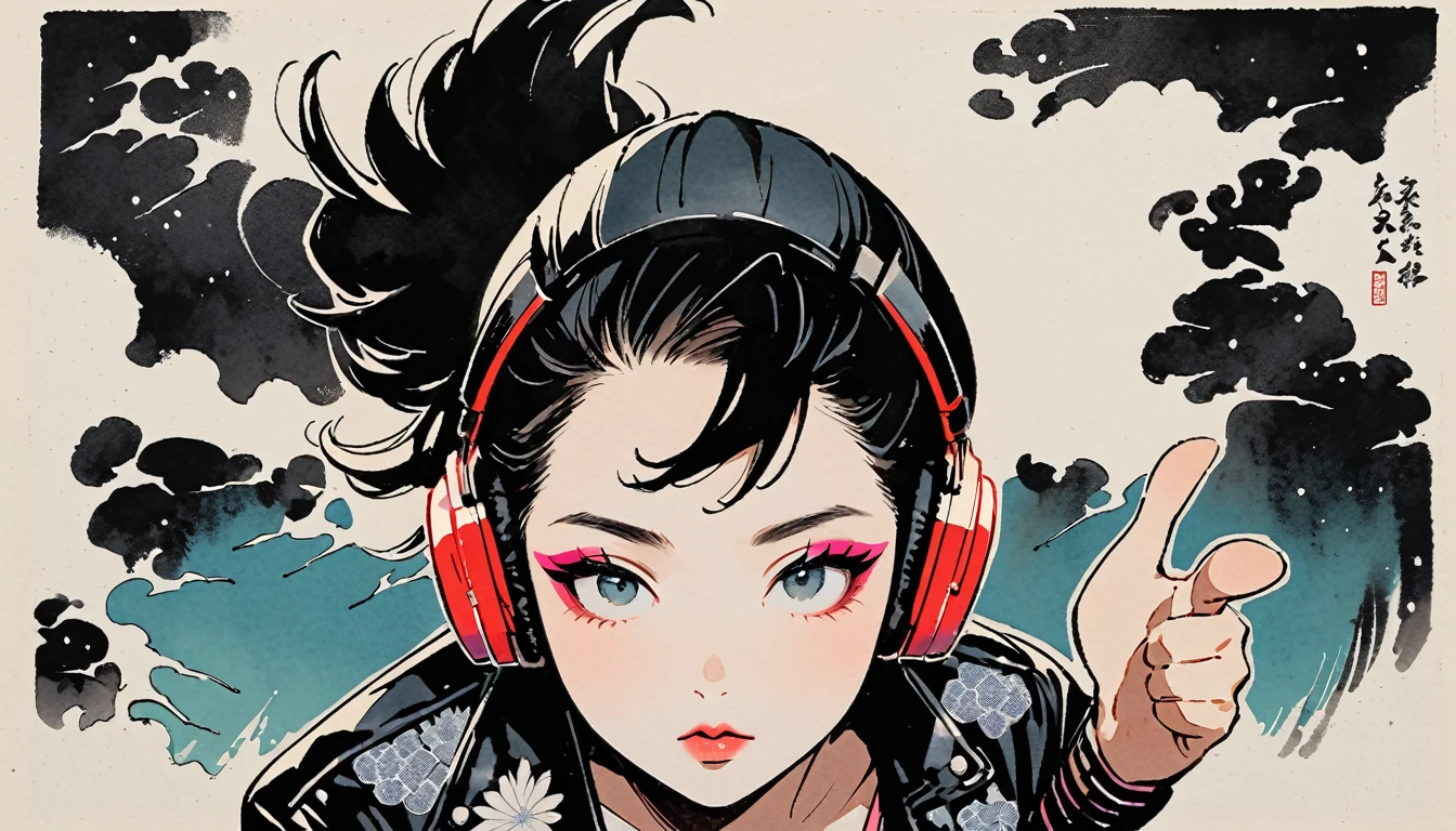 (((Ink Painting))), (((from above))), (((1 female))), (((Leather jacket with Japanese patterns))), (((Mohawk))), (((Very flashy makeup))), (((Finger guns))), Japanese style headphones, face close-up, front view, Japan人の美少女, Black Hair, Delicate and precise, Modern ukiyo-e style,Japan, Droopy eyes, round face, Glare, Fuller lips, vivid color