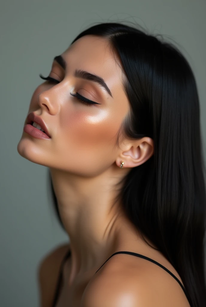 Image of an Italian woman with closed eyes, straight black hair, posing for a Facebook cover. With details of beautiful professional makeup.