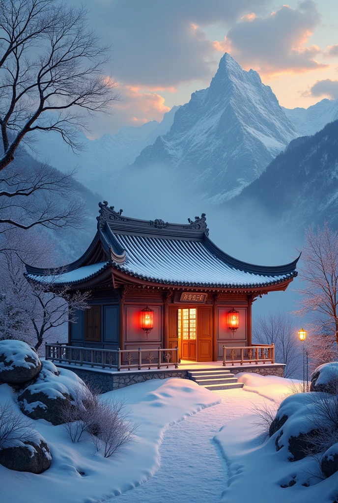 A ancient Chinese house in the snowvalley in a midnight and a orange and yellow light