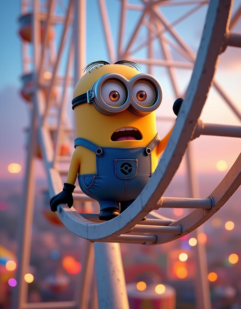 Minion Kevin rides the Ferris wheel, trembling and singing to keep calm.