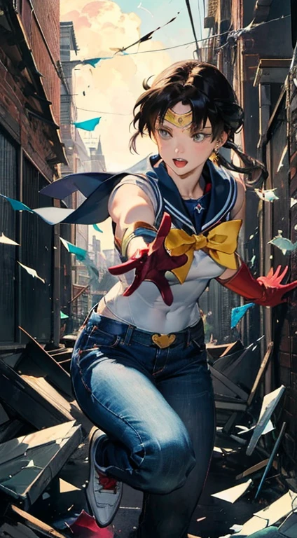 Jump in the air, One person, Open your mouth, Outdoor, building, (Broken glass:1.5), shoes, (Red gloves:1.3),
Shine, Reflective Glass, Light Pollution 0(8k, RAW photo, best quality, masterpiece:1.2), RanmaChan, RanmaRedShirt, blue pants fficial art, unity 8k wallpaper, ultra detailed, beautiful and aesthetic, masterpiece, best quality, chinese style, (zentangle, mandala, tangle, entangle), ecstasy of flower, 1girl, extremely detailed, dynamic angle, cowboyshot, the most beautiful form of chaos, elegant, a brutalist designed, vivid colours, romanticism, by james jean, roby dwi antono, ross tran, francis bacon, michal mraz, adrian ghenie, petra cortright, gerhard richter, takato yamamoto, ashley wood, atmospheric The main character is Usagi Tsukino, a clumsy and seemingly ordinary teenage girl who discovers that she is the reincarnation of Sailor Moon, the legendary warrior of love and justice. Usagi is joined by other Sailor Guardians, including Sailor Mercury, Sailor Mars, Sailor Jupiter, and Sailor Venus, each of whom possesses unique powers and abilities. Together, they fight evil forces, protect the world from various threats, and search for the Moon Princess.