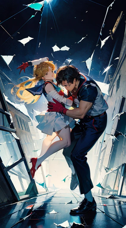 Jump in the air, One person, Open your mouth, Outdoor, building, (Broken glass:1.5), shoes, (Red gloves:1.3),
Shine, Reflective Glass, Light Pollution 0(8k, RAW photo, best quality, masterpiece:1.2),    RanmaChan, RanmaRedShirt, blue pants　fficial art, unity 8k wallpaper, ultra detailed, beautiful and aesthetic, masterpiece, best quality, chinese style, (zentangle, mandala, tangle, entangle), ecstasy of flower, 1girl, extremely detailed, dynamic angle, cowboyshot, the most beautiful form of chaos, elegant, a brutalist designed, vivid colours, romanticism, by james jean, roby dwi antono, ross tran, francis bacon, michal mraz, adrian ghenie, petra cortright, gerhard richter, takato yamamoto, ashley wood, atmospheric The main character is Usagi Tsukino, a clumsy and seemingly ordinary teenage girl who discovers that she is the reincarnation of Sailor Moon, the legendary warrior of love and justice. Usagi is joined by other Sailor Guardians, including Sailor Mercury, Sailor Mars, Sailor Jupiter, and Sailor Venus, each of whom possesses unique powers and abilities. Together, they fight evil forces, protect the world from various threats, and search for the Moon Princess.