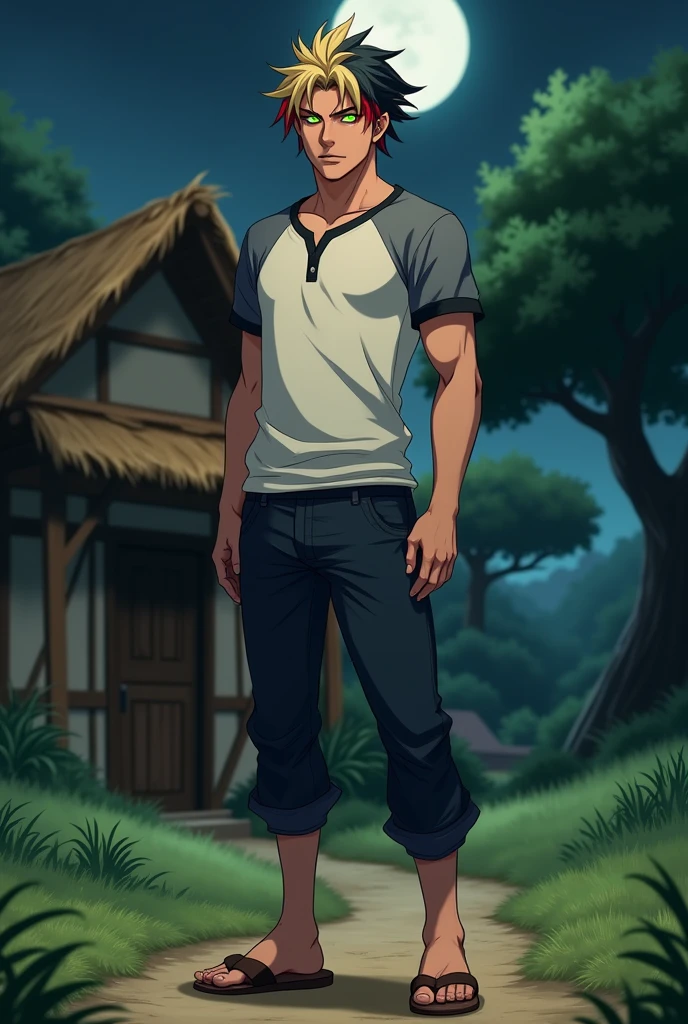 a fantasy anime boy with short and tidy "some blonde and some black hair with a little much red hair" mixed . White shirt with gray short sleeves and black edges, cream colored t-shirt underneath. The buttons are closed. Standing in front of the door of a house with straw walls and a hay roof. Among the greens and a single big tree facing. Old navy pants and old brown sandals. a strong exerciser and tall body that looks a little hot . looking at you dead seriously in a simple pose . . glowing green eyes that have red halo around the pupils . shining in moonlight at night landscape