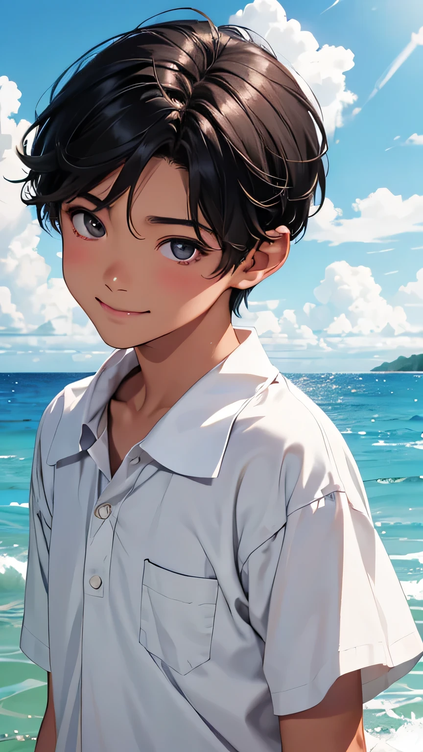 Highest quality、Realistic、、zoom、、Primary school students、man、low length、cute、Light grey eyes、Black Hair、short hair、Tanned brown skin、Dark Skin、Upper body naked、Light blue small Ocean swimwear、smile、Ocean