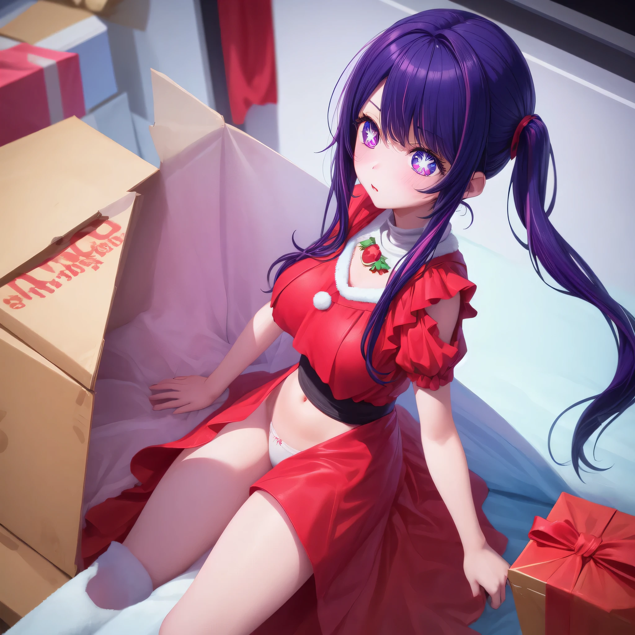 1 girl, alone, high quality, big tits, beautiful, slender, shoot from above BREAK Sparkling_eye, Purple Hair, Long Hair, pigtails, Star-shaped pupils, +_+, Christmas costume, embarrassing, blush
