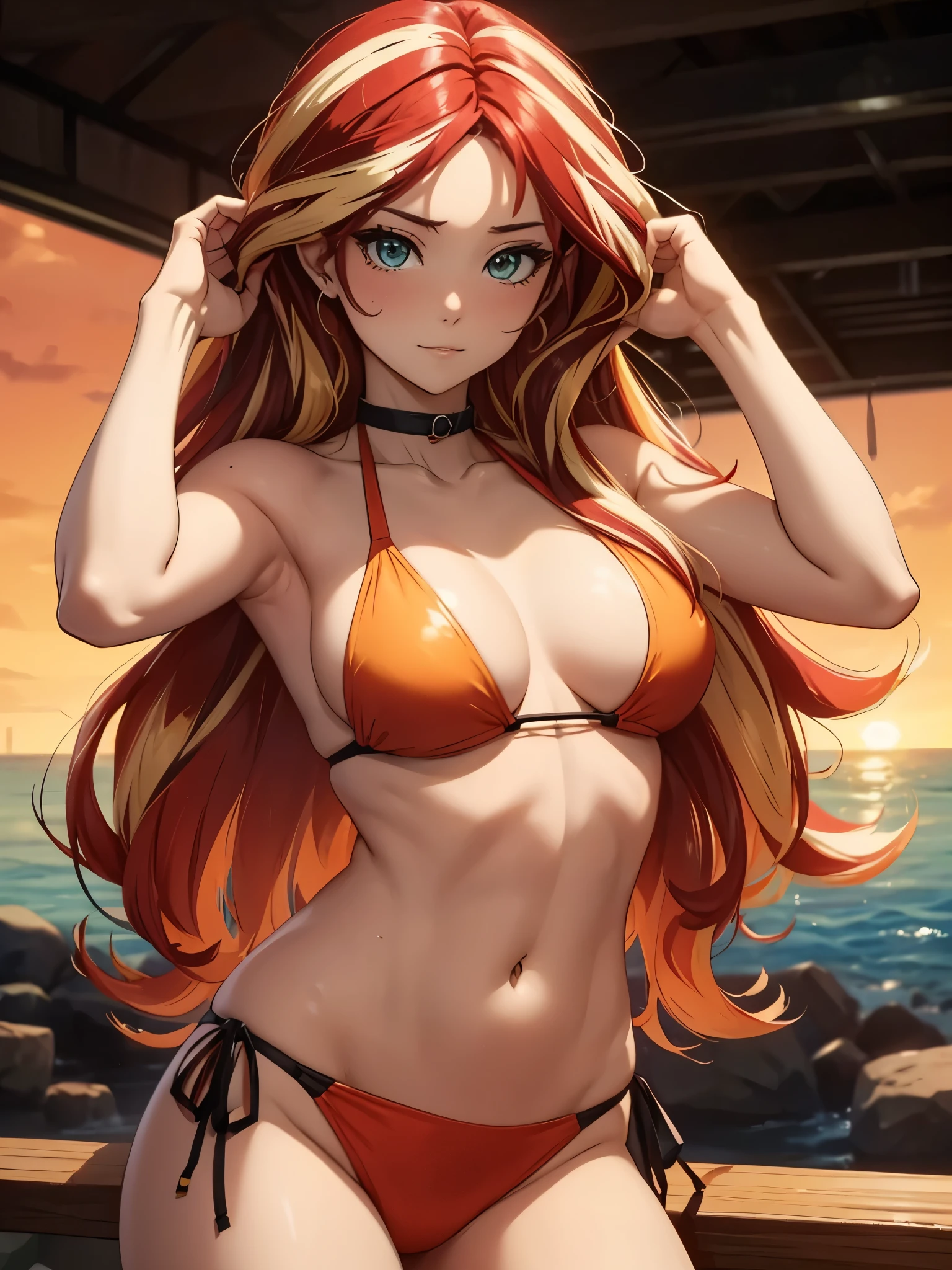 Sunsethuman, female, two tones of hair, red and yellow hair, Bikini girl in a jersey