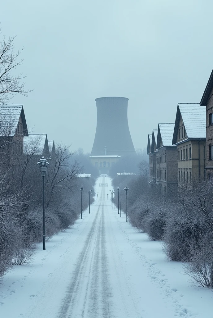 A snow covered city of ukrain near an nuclear reactor