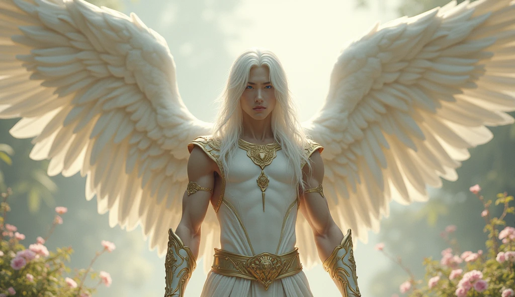 - A gentle, white-winged male Asian feature albino angel (simple design) - Soft colors, with a subtle glow, white long hair, white skin, purpled color eyes, most beautiful handsome male angel, white and gold large wings, built-in gold armor on chest and arms, large muscular biceps, chiseled ads, define jawline, pearl white lower garment, 32K UHD, masterpiece, best quality, style raw, walking through an enchanted garden of Eden. - Ethereal background, with a subtle texture