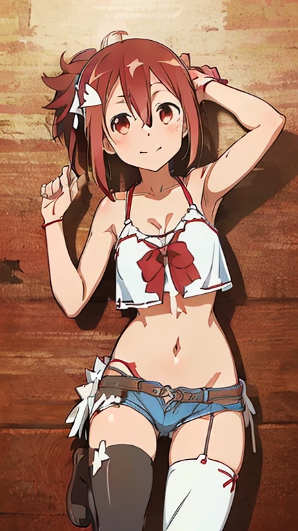 mirai kasuga (million live), (best quality, 8K, masterpiece, ultra detailed:1.2), a female, yo, solo,gray pleated skirt, small breasts,5 finger,look down,((embarrassed)),panty,spread legs,belly button,bra,(lie down on the floor),cameltoe,(,