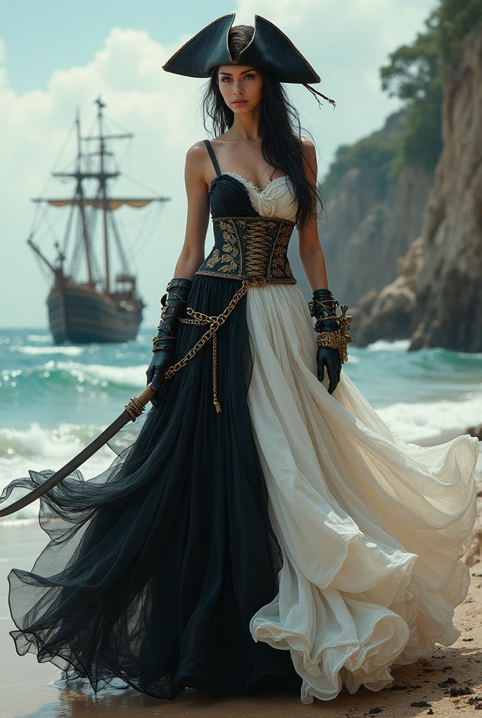 A pirate with a dress but the dress is divided into a black skirt with another white one above.