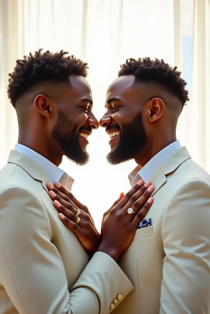 Gay couple getting married, a black man and a white man, white background