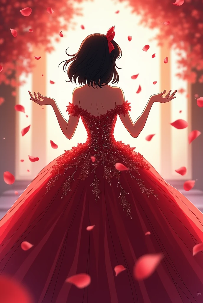 Anime-style quinceanera silhouette from behind, With a red leafy dress with silver sparkles and glitter, medium-short black hair loose with waves and a red bow, dancer's hands throwing rose petals
