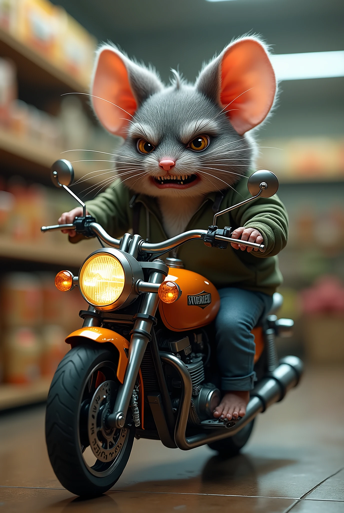 Overweight, disgusting, furious, grocery store mouse with an addicted face on a 125cc pizza-making cg motorcycle, for the logo of a motorcycle spare parts store, with the name of Bodego Bikers Store.