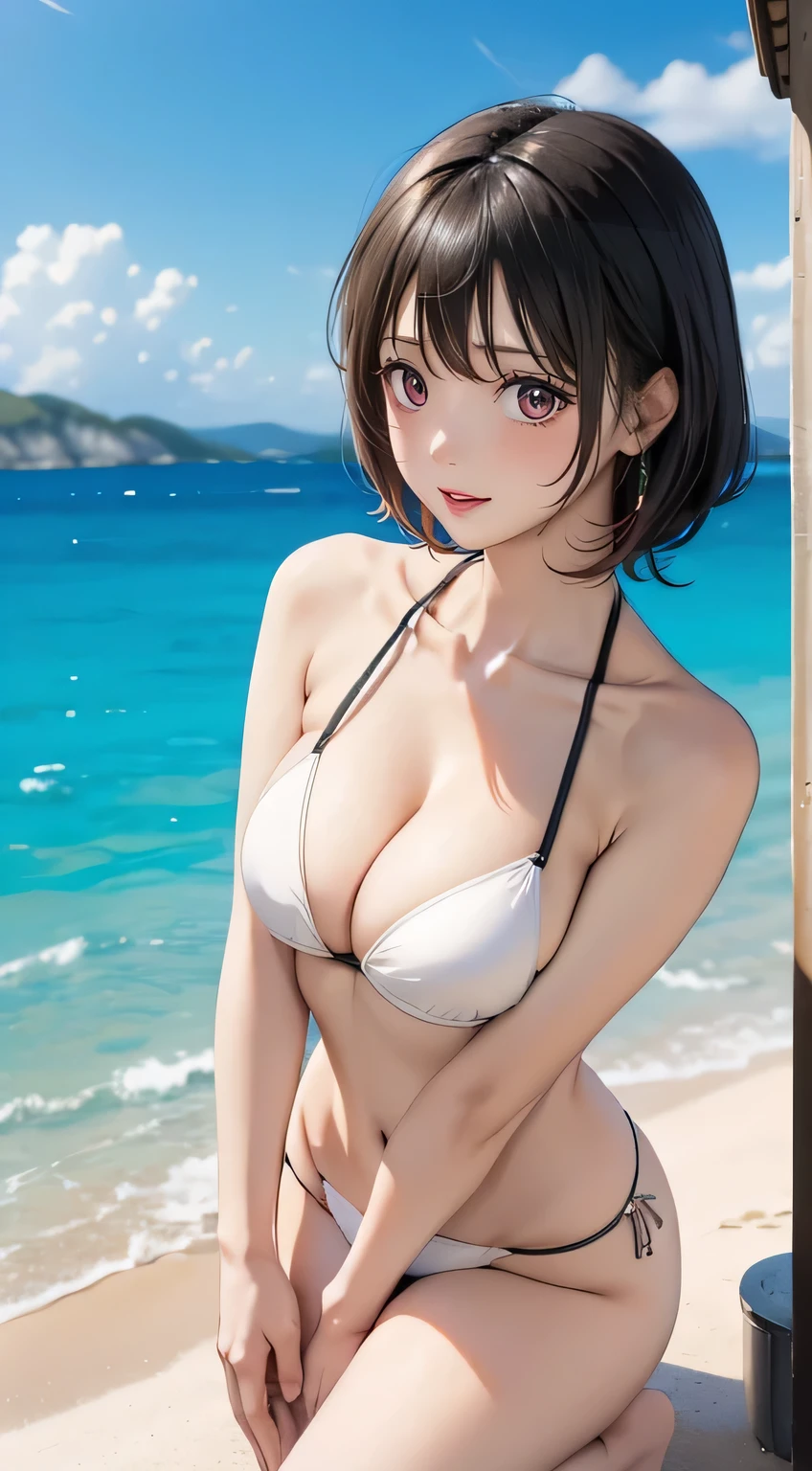 very cute and beautiful girl,(highly detailed beautiful face and eyes),(string bikini),
sitting,beautiful legs,beach,distant rugged cliffs,(smile:1.2),happy,looking at viewer,black hair,
(best quality,masterpiece),absurdres,highres,ultra-detailed,extremely detailed,32k,
cinematic scene,detailed background,solo,dynamic angle,
hair fluttering in the wind,beautiful detailed sky,