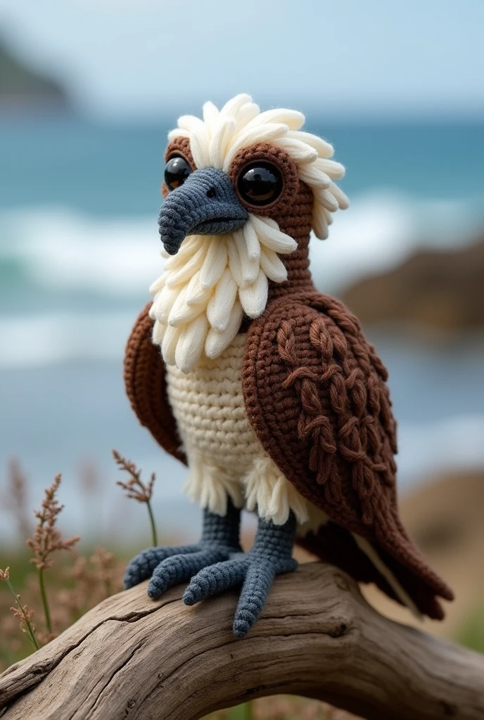 an amigurumi of a bearded osprey