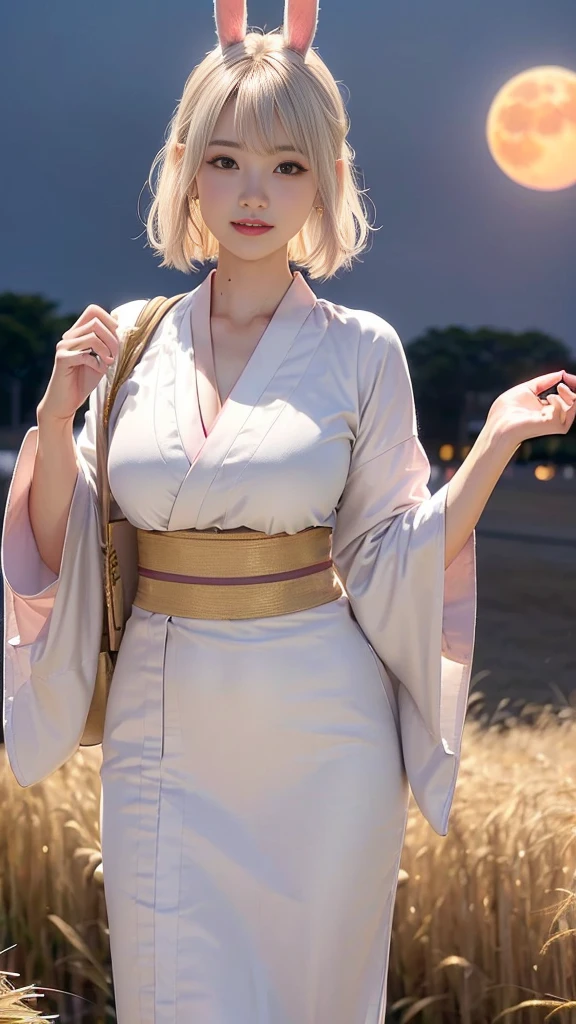 (Ultra high definition,Very sophisticated,Perfect Face,Age is 16,Highest quality,Realistic raw texture,Realistic,Natural smile,Pink platinum blonde,Sexy hairstyle:1.5),(Slender and exquisite physique,Stylish thin eyebrows:1.2),(see through,Japanese clothing,Japanese twelve-layered kimono,Bunny ears:1.4),(perfect body,perfect proportion,The torso is short,Red full moon and silver grass background,Time: Night:1.3),