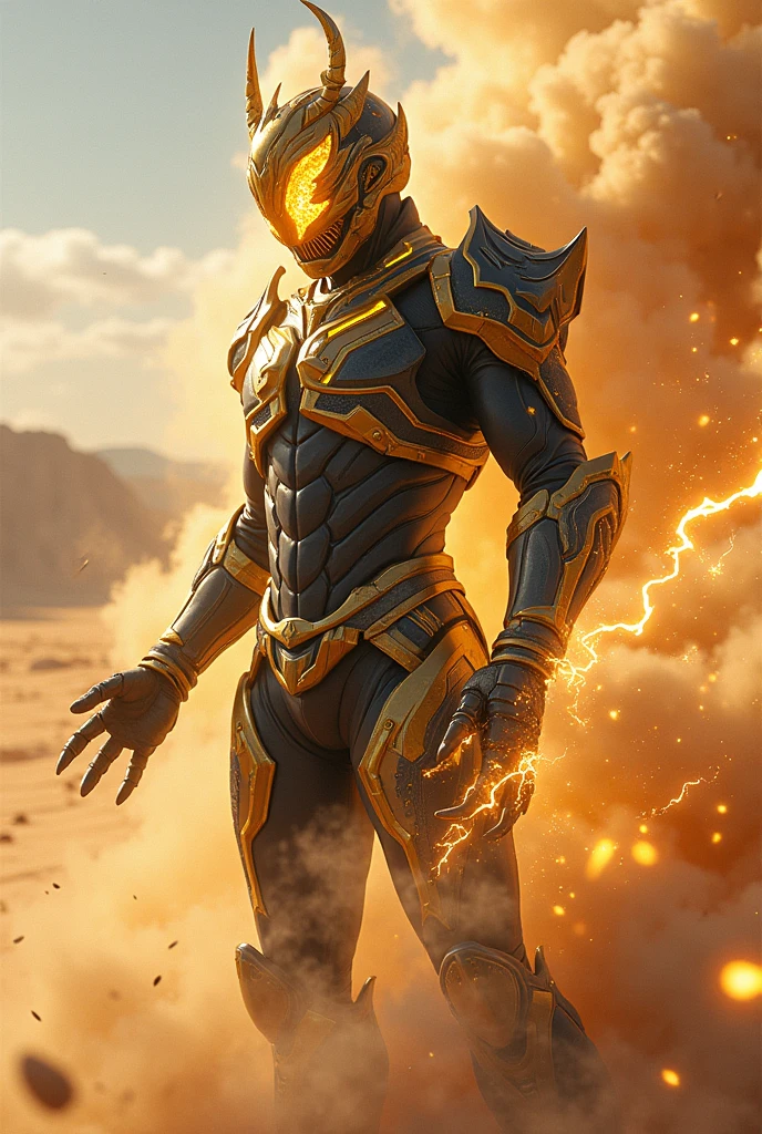 Create superhero with suit full body armour look alike kamen rider with scorpion element smoke effect background at desert yellow black gold suit fighting action electric spark around the body