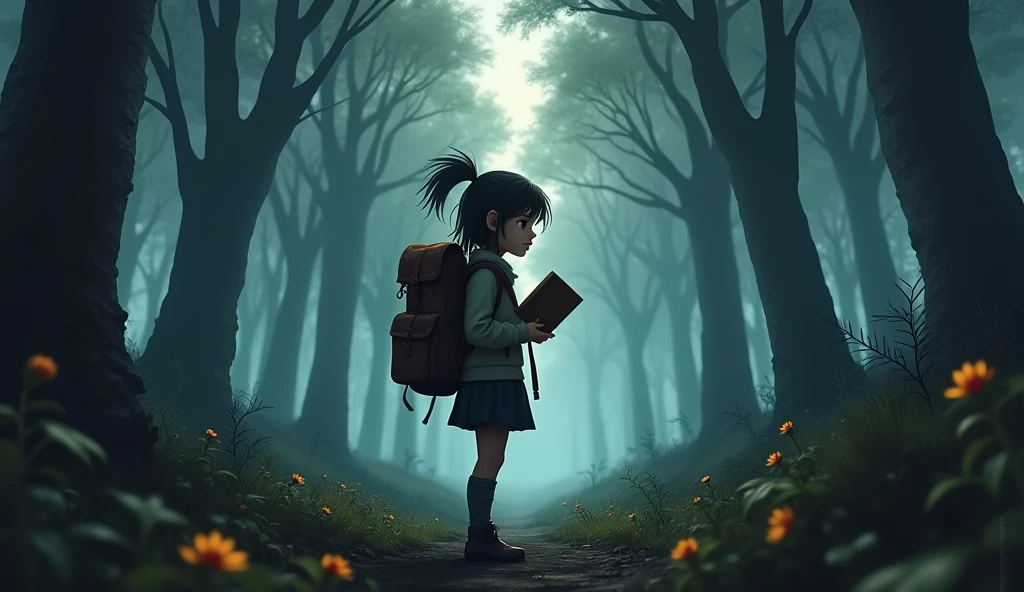 /imagine "A determined young girl, with a backpack and an old diary in her hands, standing at the dark and mysterious edge of a towering forest. The scene shows her bravery as she prepares to enter, with tall trees and a foreboding atmosphere."