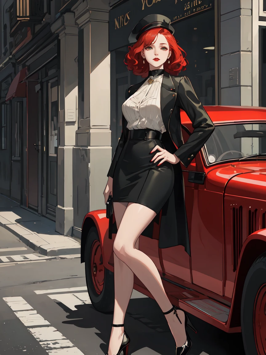 masterpiece, Pale skin, Red lips, Bright Eyes, eye shadow, Photographed from the front、A beautiful red-haired woman with medium curly hair、Standing on the street with a Thompson M1928A1 drum。, Behind her is a still green 1928 Cadillac Town Sedan., She is wearing a mafia suit in red and black colors, She has a mafia-style skirt and jacket draped over her shoulders, She also wears a hat, Garter holders and heels, Very detailedボディ, Detailed cars and clothing, Chiaroscuro, Natural light, Very detailed, She and the car focused on the image.