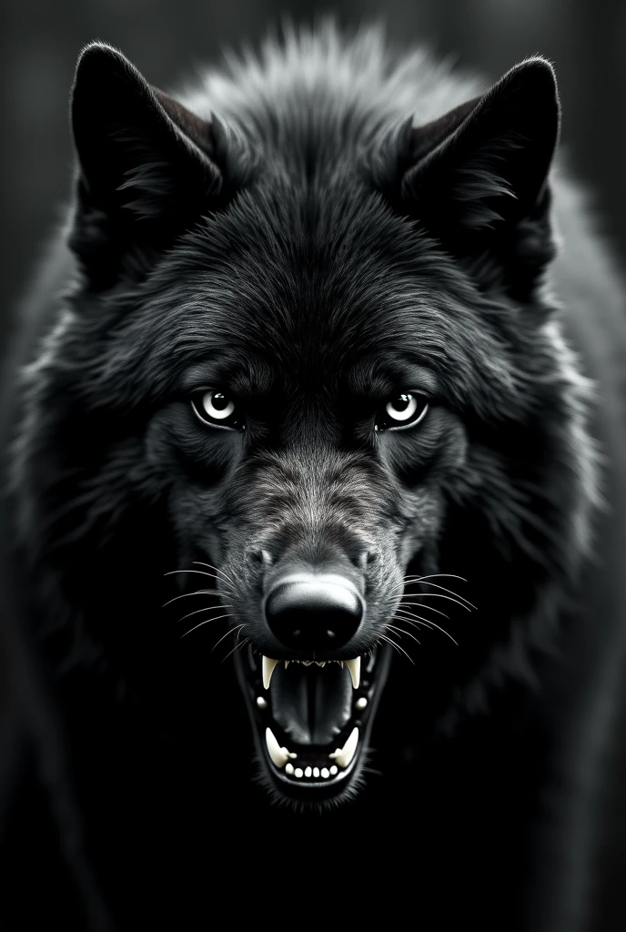 Very screy dark black wolf close up face