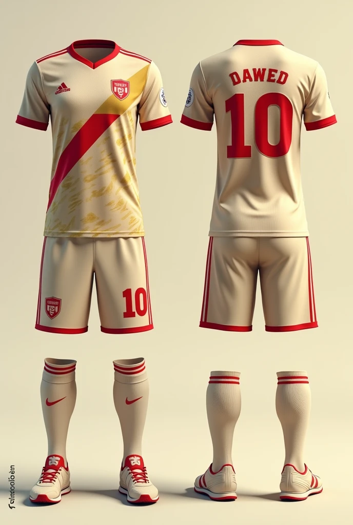 Girls and boys soccer sports uniform on both sides in light beige that combines with gold and red with a print and that on the back of the shirt has a name and a number that the light beige color stands out