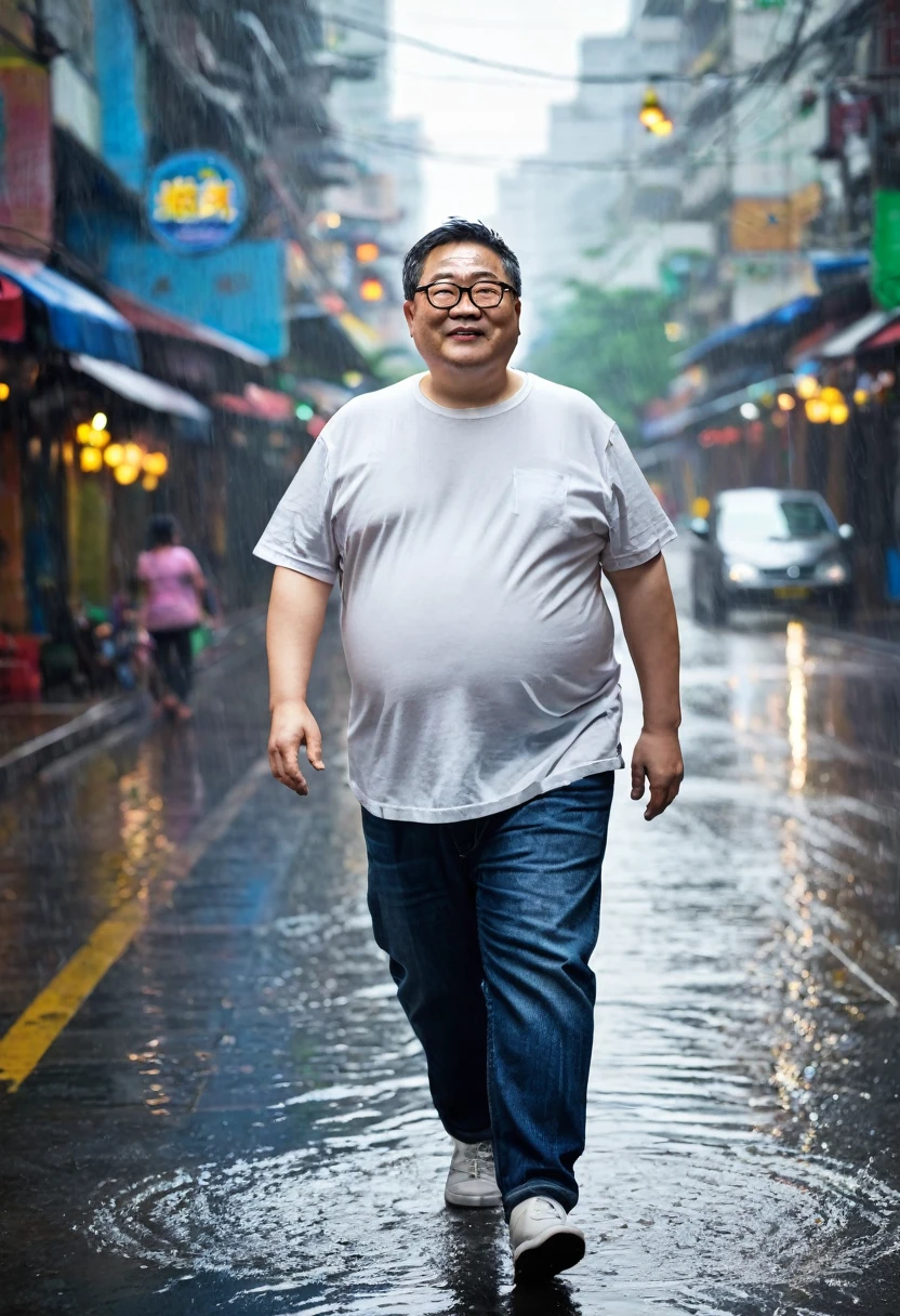 Man, Asian, 50 years old, Fat, Chubby, wearing glasses, wearing a thin round neck t-shirt, wear jeans, walking on street, city, Wet, Raining, sharp image, beautiful lighting, Top view.