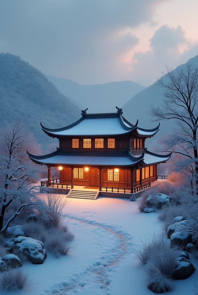 A ancient Chinese house in the snowvalley in a dark ess and a orange and yellow light