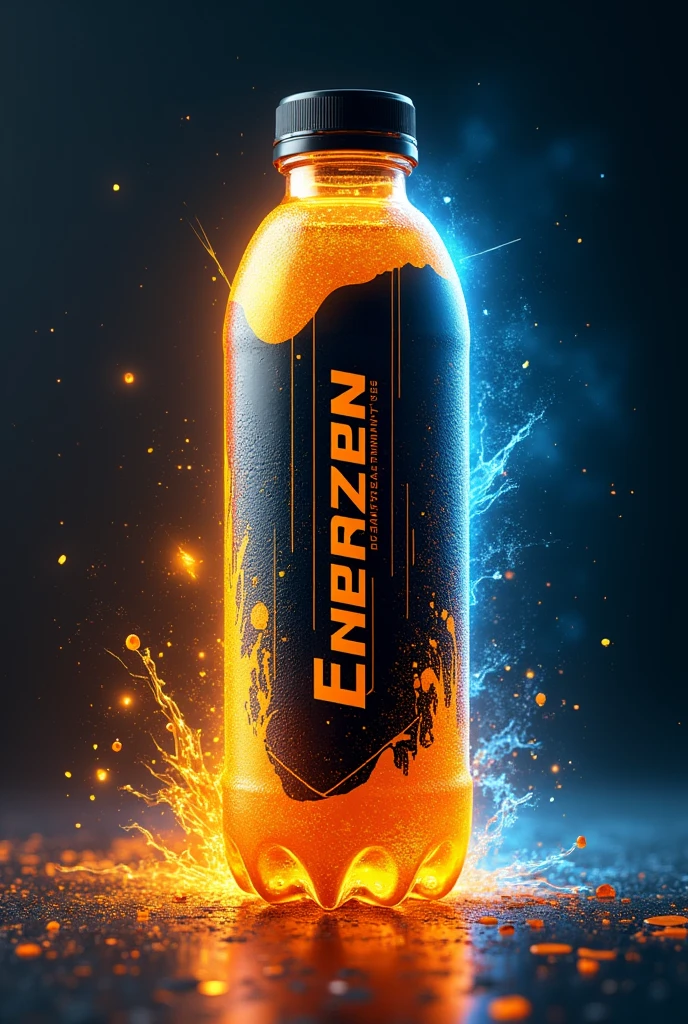 Create an energy drink bottle with the name Enerzen that contains the colors gold, orange, blue and black
