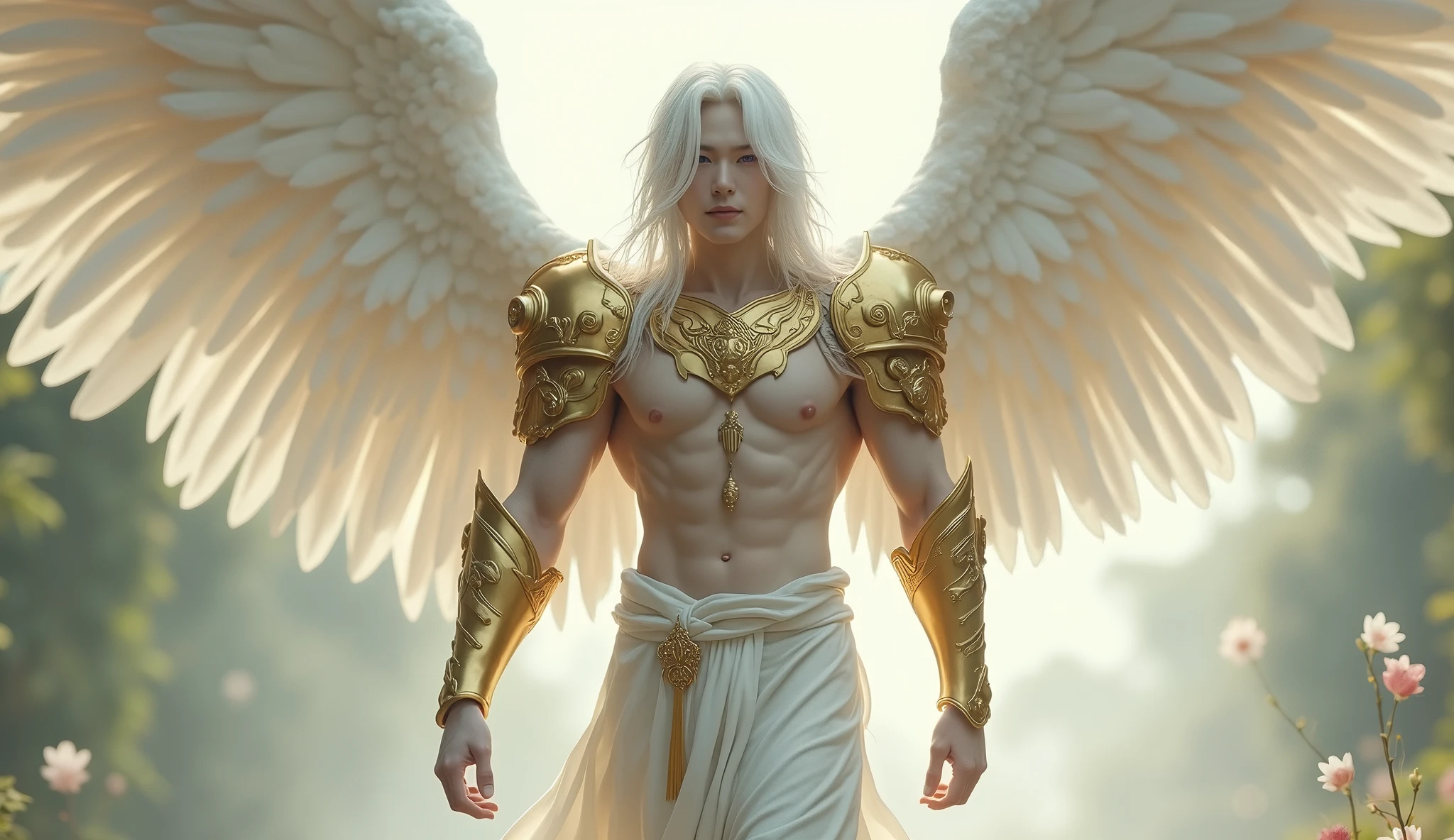 - A gentle, white-winged male Asian feature albino angel (simple design)
- Soft colors, with a subtle glow, white long hair, white skin, purpled color eyes, most beautiful male angel, white and gold large wings, built-in gold armor on chest and arms, large muscular biceps, chiseled ads, define jawline, pearl white lower garment, 32K UHD, masterpiece, best quality, style raw, walking through an enchanted garden of Eden.
- Ethereal background, with a subtle texture