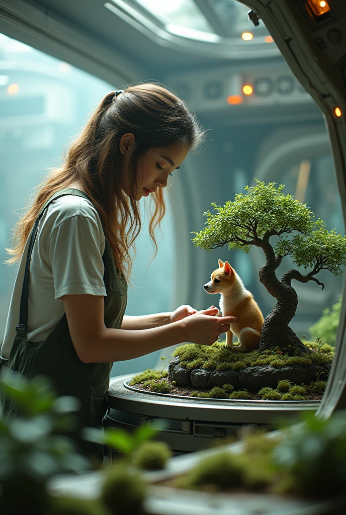 Gardenier of bonsai dog and puppy in the machine of espacial