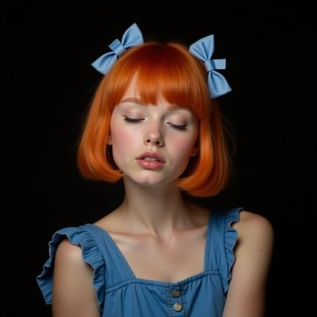 naughty sexy fashion girl, professional, portrait photography, studio light from above and backlight from behind the head, cute girl (Sharp Focus:1.3), very detailed, beautiful detailed face, orange hair bob hairstyle, there are two small blue bows on her head, eyes closed, as if enjoying the sound, --Detailing, whole body, a lot of femininity, Blue dress, Tempting, Dazzling, Black background
