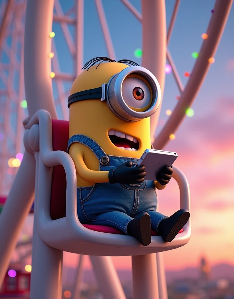 Minion Kevin sitting and playing on the Ferris wheel, trembling and singing to keep calm.