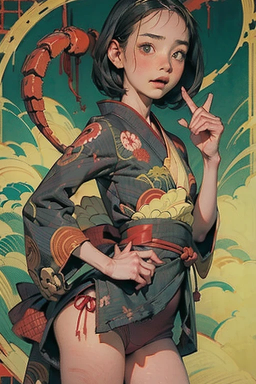 Girl riding a scorpion、（Wearing a kimono）、（Red Scorpion）、 scribble, nightmare, Doll-like face, Manga style, rough sketch, Horror elements, (masterpiece), (High resolution), (Very delicate), (clear), Comic style illustration, (drawing style), Cool colors, (Horror elements), Japanese painting, whole body, phantom, angle, (snap shot), Bugaboo, that&#39;terrible, (Spooky), Japan sculpture, primitive art, old picture scroll style, old staging, Ancient mural style, crazy illustration, antique, Dark atmosphere, Flat Illustration, Crazy Smile, Spookyな外観, Characteristic hairstyle, creative accessories, Unique atmosphere
