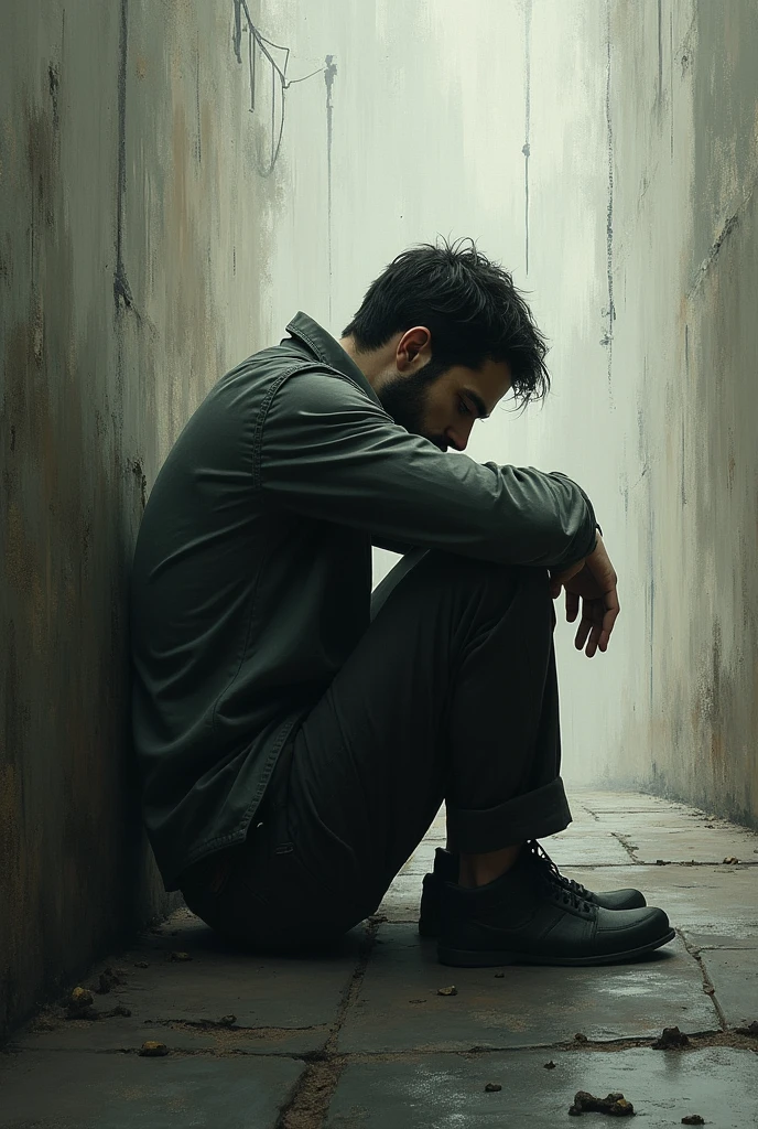 Drawing of a depressed man sitting on a chaotic background