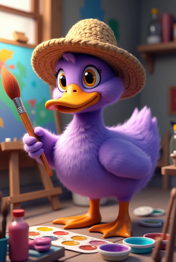 30 year old male duck, light purple in colour, painter by profession, of Anatomy attached with adorable yellow eyes, with his palette of colors and straw-colored huaso hat, fucking artistic workshop, and a large brush held by its wing