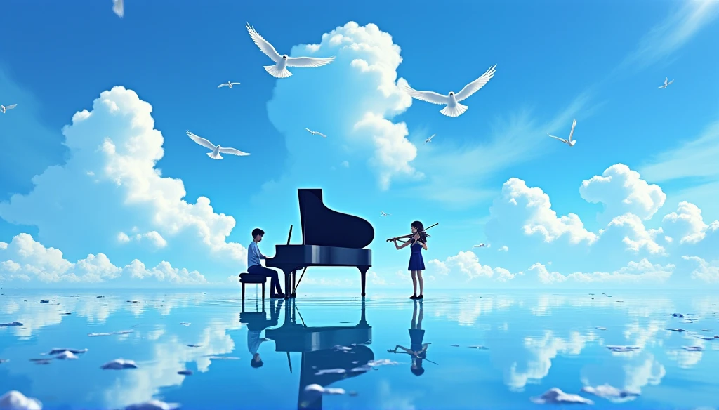 青空とcloudに囲まれた幻想的なシーンが描かれています。 There is a black piano in the center of the screen..、male2name、woman2nameがいます、Man Playing the Piano、バイオリンを弾くwoman、Both are students、Young people、Young people、White birds are flying in the background、The ground is covered with water.、that'It's very beautiful, Like a mirror.。Ghibli-style anime scene、Cinema Lighting、Lens flare、Beautiful attention to detail、landscape、Ultra HD、cloud、8K quality、Ultra Sharp、Real Light、Surreal