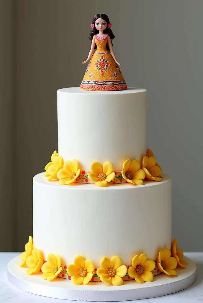 Imagine a two-tier cake, completely white, with a smooth and elegant finish. At the top a typical doll and at the base of each floor sacuanjoche flowers, There are braids that imitate the typical ornaments of Nicaraguan folklore dresses., with bright colors like red, blue, green and yellow. These braids are delicate and finely detailed., adding a cultural and festive touch located on the lower and upper edges of each level Throughout the lower part of the first level of the cake and perhaps at some strategic points on the sides, sacuanjoche flowers are placed (the national flower of Nicaragua), with its soft yellow petals, which contrasts beautifully with the white background of the cake. The flowers could be fresh or made from fondant., but they are placed in a way that they look natural and elegant.