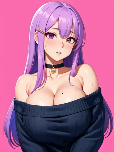 (masterpiece, best quality, ultra high res, beautiful detailed hair detailed face, perfect feminine face), akino sayuri, General, 1girl, alternate breast size, black bra, black choker, black sweater, blush, bra, breasts, choker, cleavage, collarbone, embarrassed, fingernails, gigantic breasts, hair behind ear, hair ornament, hairclip, hand on own shoulder, long hair, looking down, mole, mole under eye, off-shoulder sweater, off shoulder, parted lips, pink background, pink nails, purple eyes, purple hair, ribbed sweater, sharp fingernails, solo, sweat, sweater, underwear, upper body