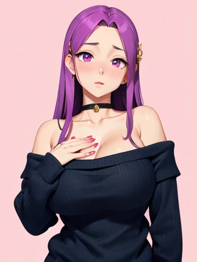 (masterpiece, best quality, ultra high res, beautiful detailed hair detailed face, perfect feminine face), akino sayuri, General, 1girl, alternate breast size, black bra, black choker, black sweater, blush, bra, breasts, choker, cleavage, collarbone, embarrassed, fingernails, gigantic breasts, hair behind ear, hair ornament, hairclip, hand on own shoulder, long hair, looking down, mole, mole under eye, off-shoulder sweater, off shoulder, parted lips, pink background, pink nails, purple eyes, purple hair, ribbed sweater, sharp fingernails, solo, sweat, sweater, underwear, upper body