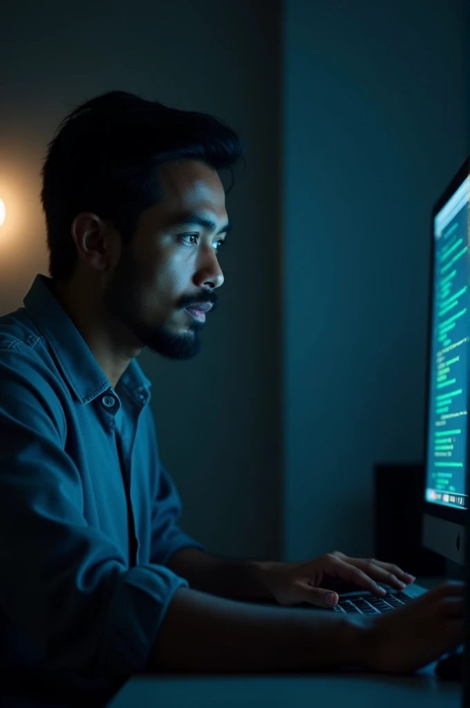 In a dimly lit room in Bangladesh, a 1 programmer, with medium brown skin, neatly styled black hair parted to the side, deep-set dark eyes, and an angular face with a calm, composed expression, is deeply engrossed in coding on his computer. Weighing 70 kg, he embodies the reverence for programming, with each keystroke and line of code symbolizing intellectual mastery and creative brilliance. The room's atmosphere reflects his focused dedication, as the soft glow of the screen illuminates his thoughtful expression.