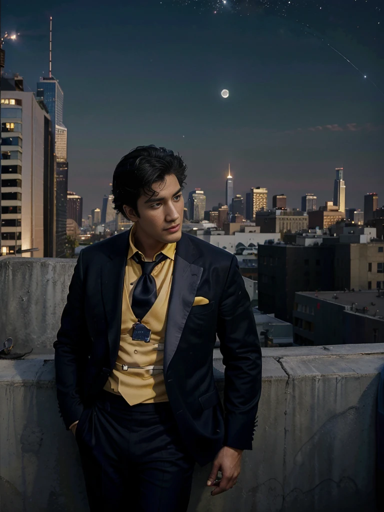 (masterpiece、top-quality、top-quality、Detailed and complex、official art、aesthetically pleasing:1.3)、(Spike spiegel)(Standing on a rooftop) (realistic art:1.3) Black hair、blue suit, yellow shirt with tie. Moon and stars background. 