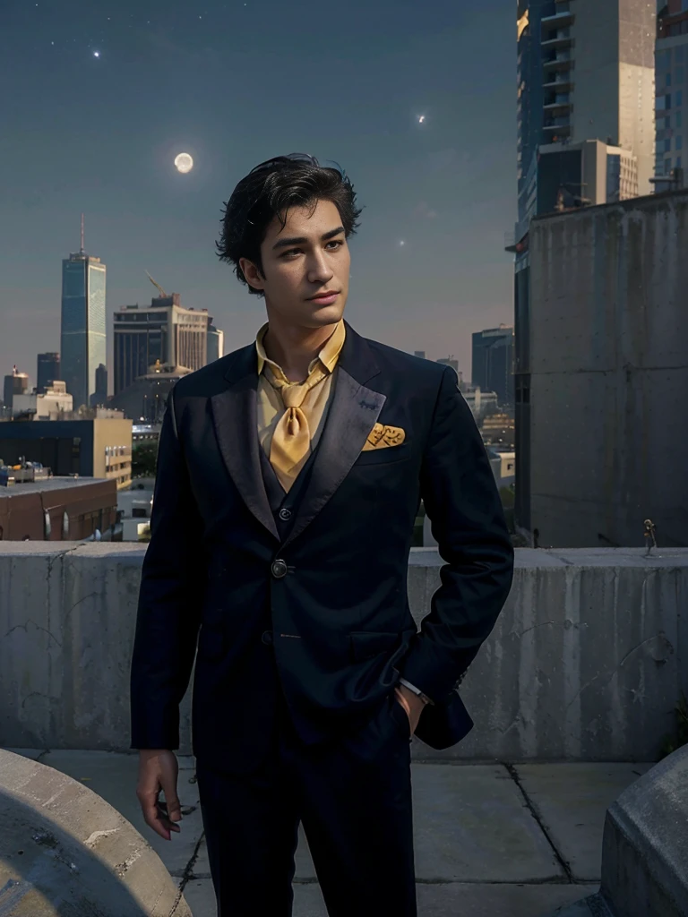 (masterpiece、top-quality、top-quality、Detailed and complex、official art、aesthetically pleasing:1.3)、(Spike spiegel)(Standing on a rooftop) (realistic art:1.3) Black hair、blue suit, yellow shirt with tie. Moon and stars background. 