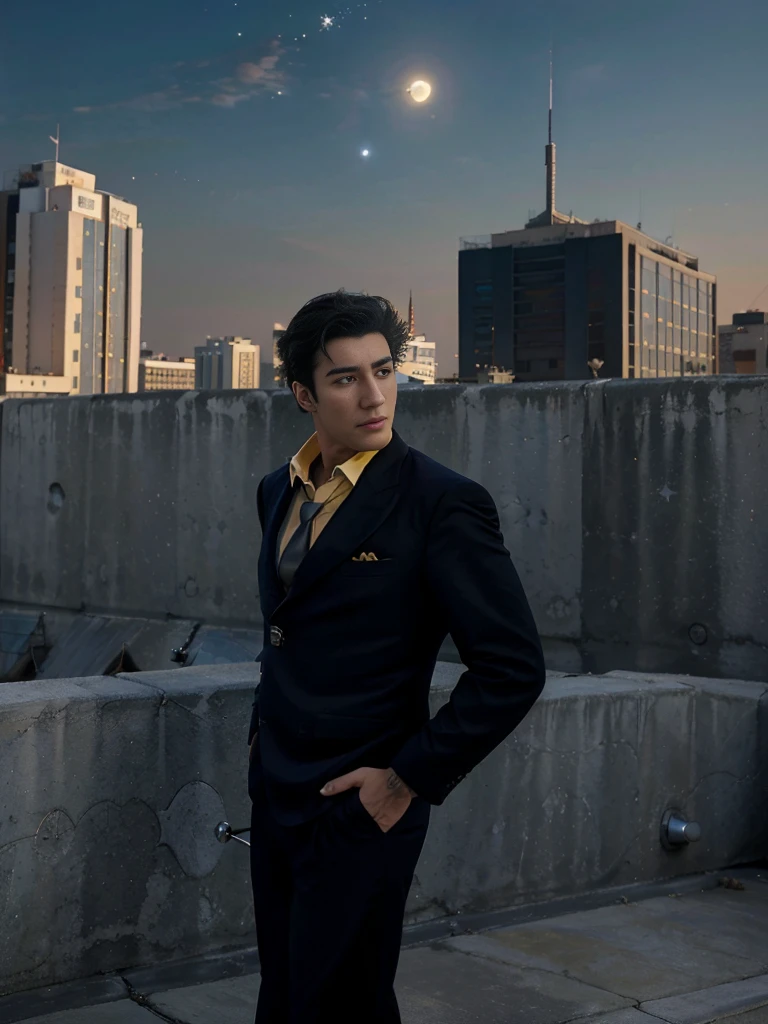 (masterpiece、top-quality、top-quality、Detailed and complex、official art、aesthetically pleasing:1.3)、(Spike spiegel)(Standing on a rooftop) (realistic art:1.3) Black hair、blue suit, yellow shirt with tie. Moon and stars background. 