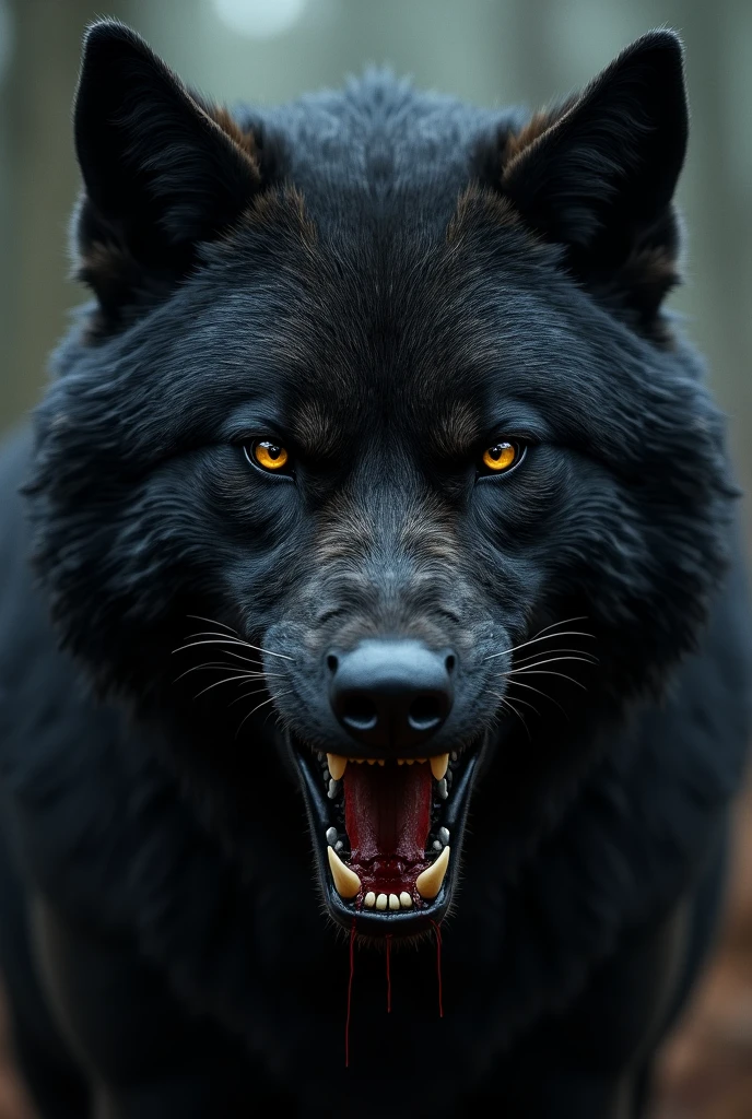 Very screy dark black wolf close up face with blood in mouth