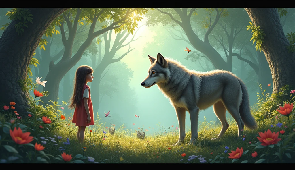 /imagine "A magical forest filled with giant trees, vibrant flowers, and colorful birds. A friendly gray wolf with wise, gentle eyes emerges from the shadows, meeting a young girl who looks on in awe."