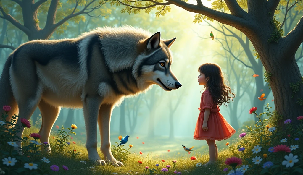 /imagine "A magical forest filled with giant trees, vibrant flowers, and colorful birds. A friendly gray wolf with wise, gentle eyes emerges from the shadows, meeting a young girl who looks on in awe."